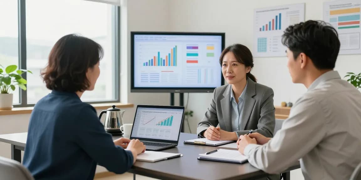 Financial advisor Norva consulting with a couple, displaying financial charts.