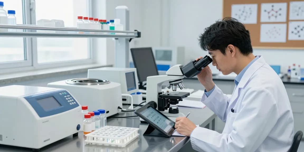 Researcher examining SwissChems Peptide samples in a modern lab setting.