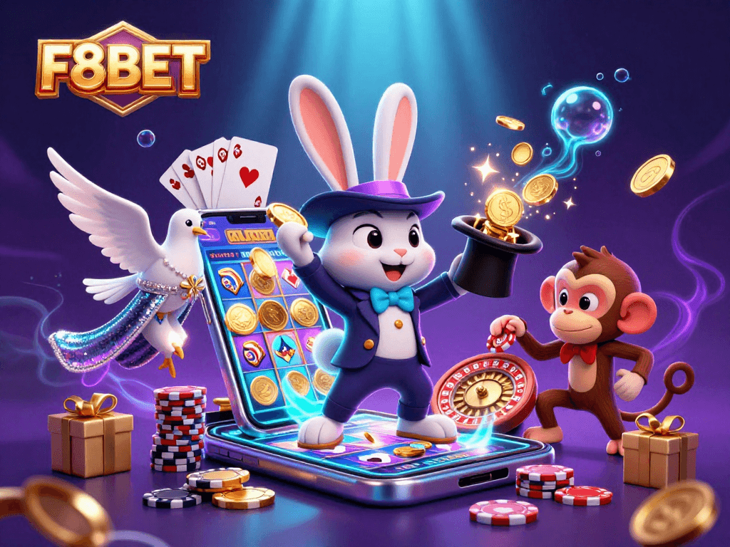 Engage with F8BET through a vibrant casino scene featuring a magician, assistant dove, and a monkey.