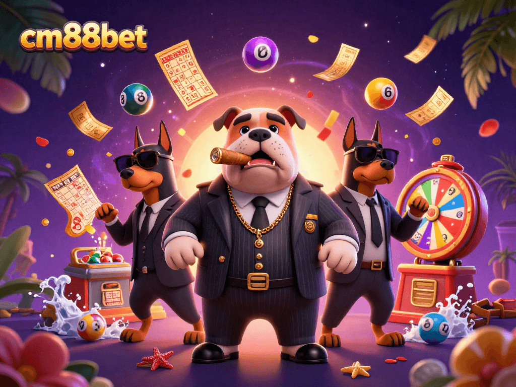 Engage in vibrant casino excitement with cm88bet and its animated characters surrounded by colorful lottery games.