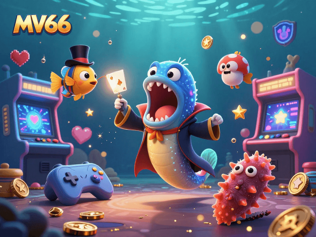 MV66 engages players with a captivating underwater casino illustration featuring colorful gaming elements.
