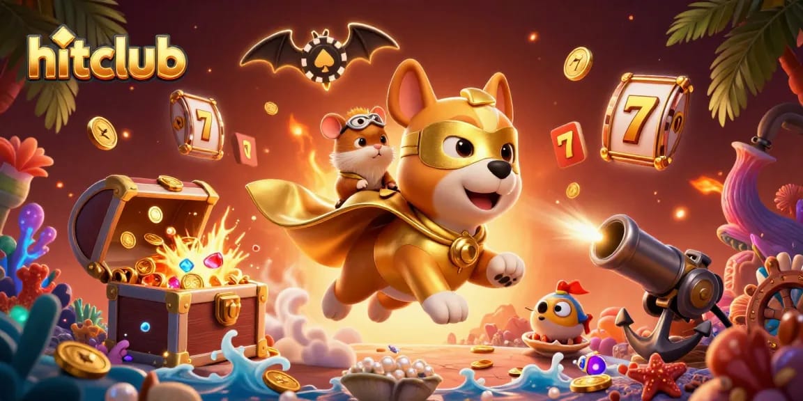 Hitclub cartoon scene with a superhero dog, sidekick, and vibrant casino elements celebrating big wins.