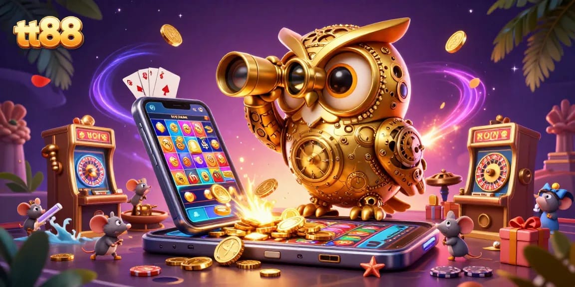 Engage with tt88's vibrant casino scene featuring a golden owl and cartoon mice among exciting games.