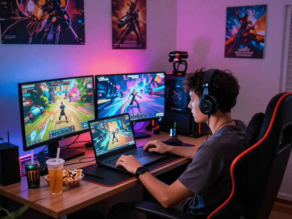 Engaged gamer playing porno games on laptop with vibrant graphics and cozy room lighting.