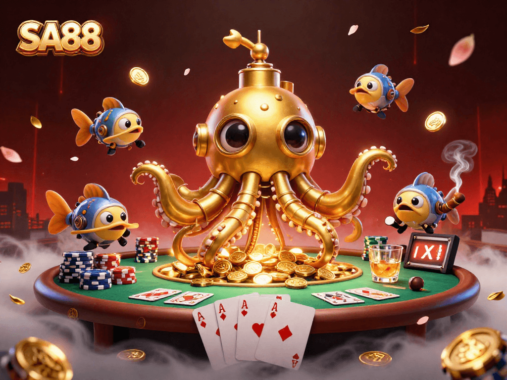SA88 gamblers play alongside a golden kraken submarine in a vibrant casino scene filled with poker elements.