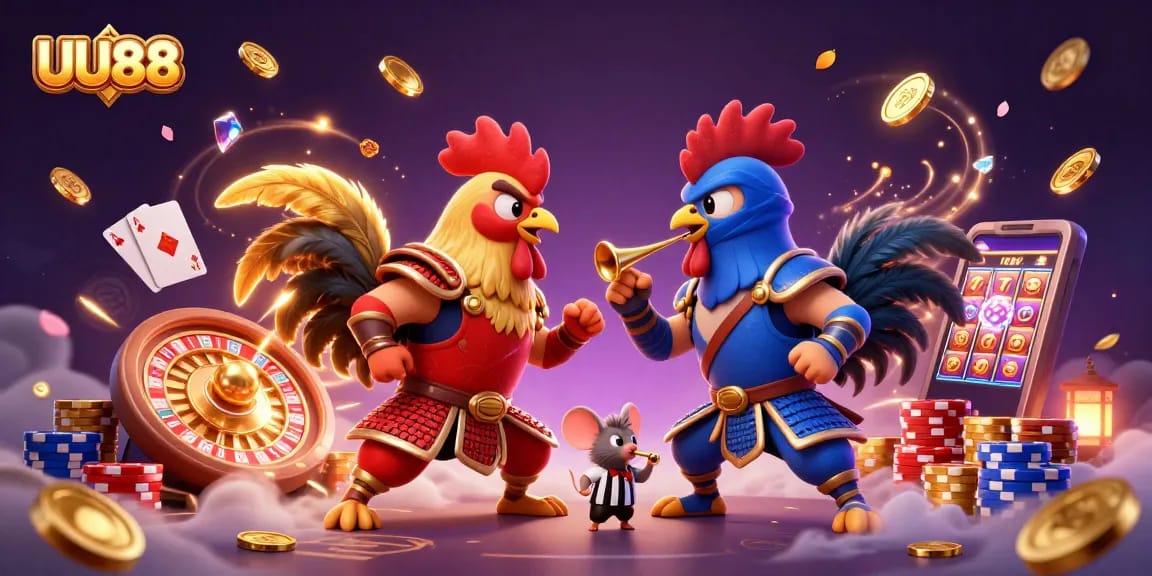 UU88 showcases a dramatic rooster standoff amid casino elements in a vibrant 3D illustration.