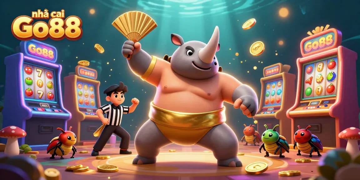 Experience the thrill of nhà cái Go88 with a sumo beetle champion in a vibrant casino scene.