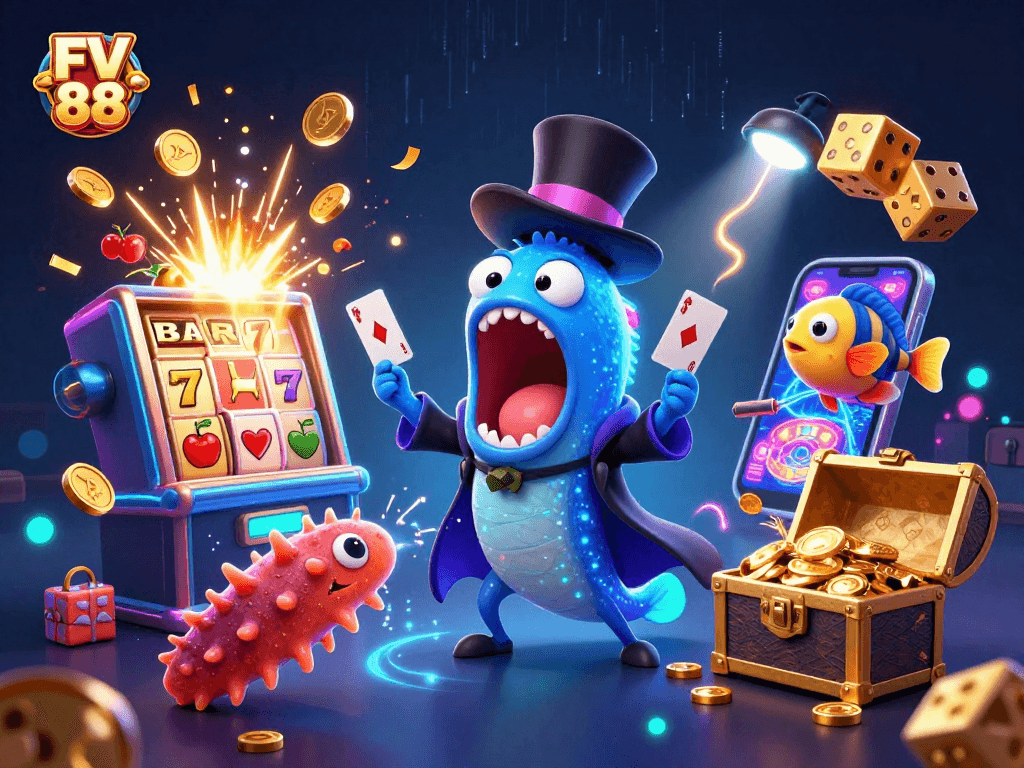 Experience the excitement at FV 88 with magical card tricks and vibrant casino elements.