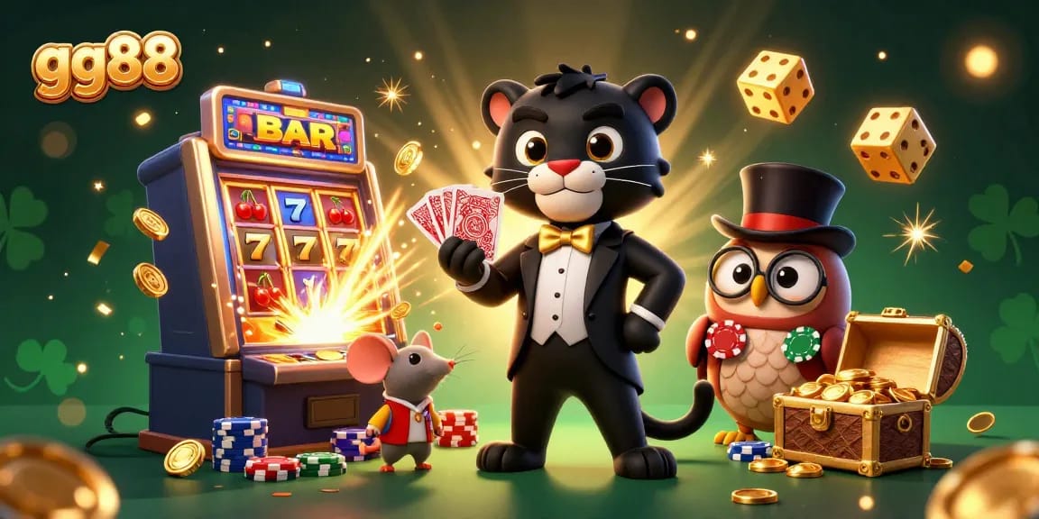 Experience exciting moments at gg88 with playful characters surrounded by dynamic casino elements.