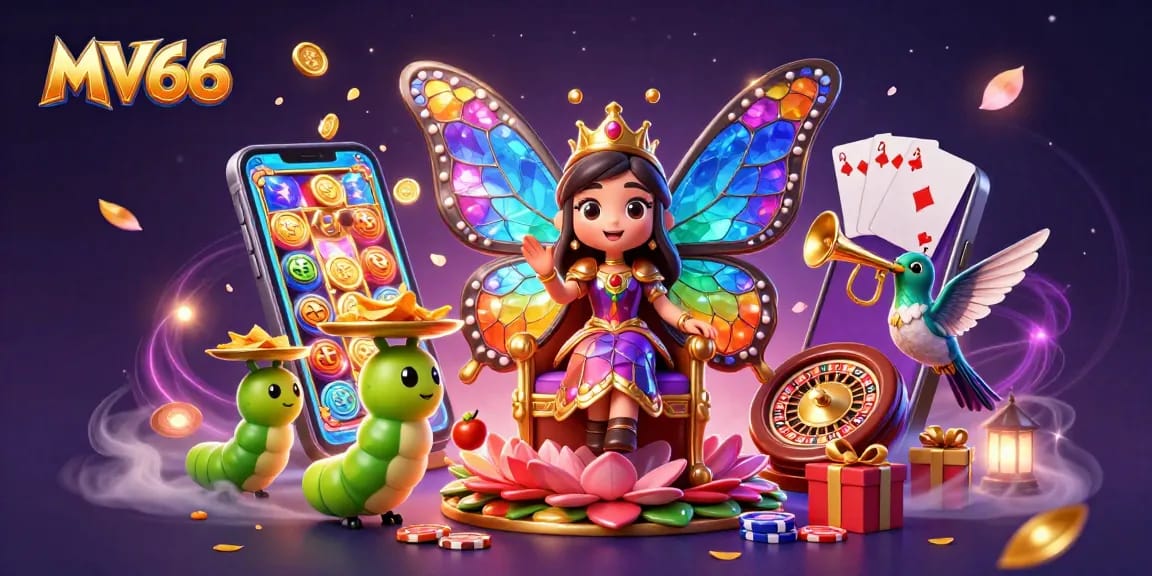 Experience the vibrancy of MV66's butterfly queen amid cheerful casino elements in this colorful animation.