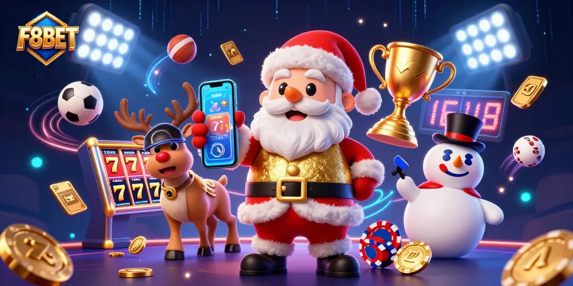 Experience thrilling jackpots with F8BET's vibrant casino illustration showcasing festive characters.