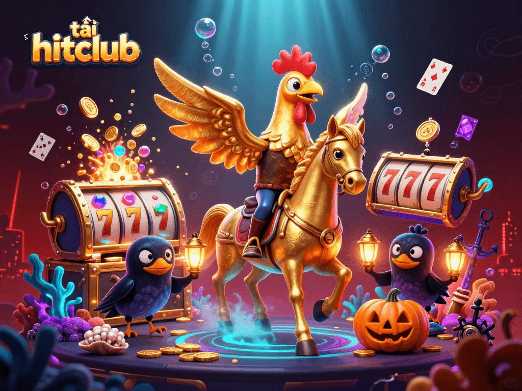 Tải hitclub with an exhilarating golden rooster character amid a bustling midnight casino scene.