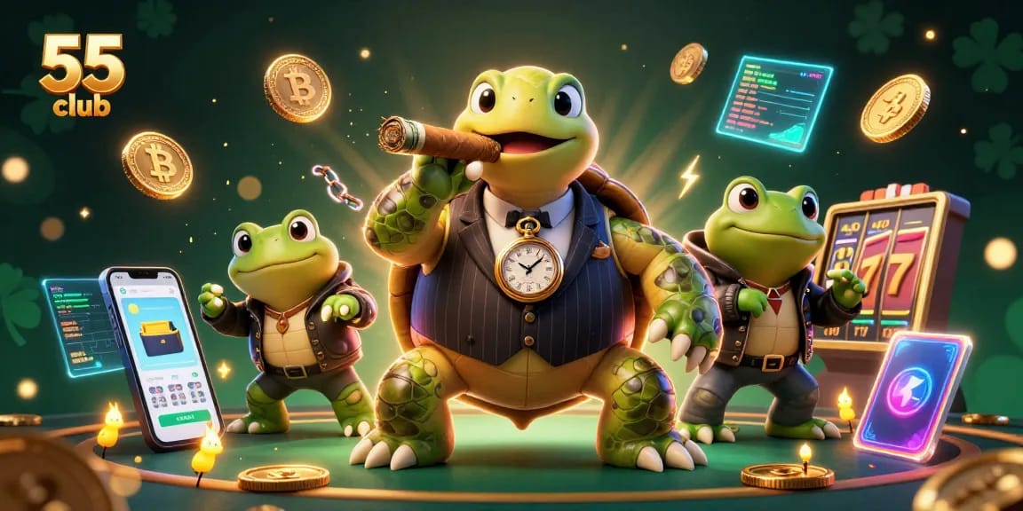 Experience thrilling gaming at 55 club with a vibrant 3D casino scene packed with crypto elements and fun.