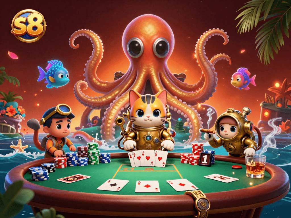 Play exciting games at s8 with a vibrant illustration showcasing a kraken, diving cat, and poker elements.