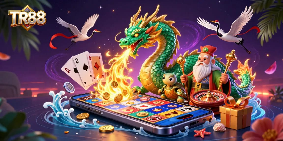 Engage with the TR88 dragon and turtle in a vibrant casino scene filled with slot game energy.