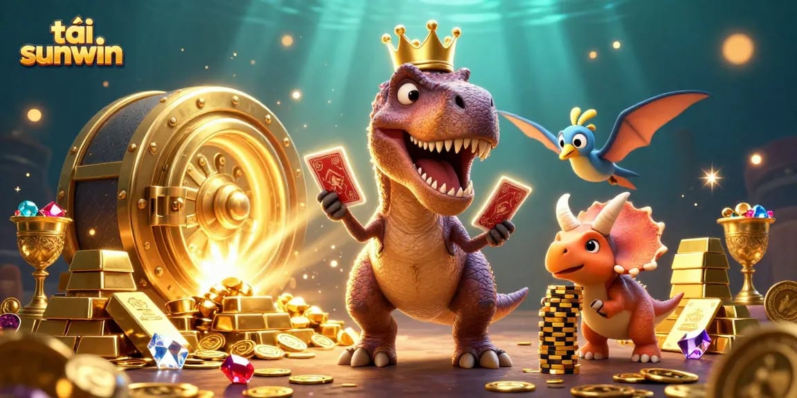Shuffling cards, a T-Rex character shines in a colorful casino scene for tải sunwin.