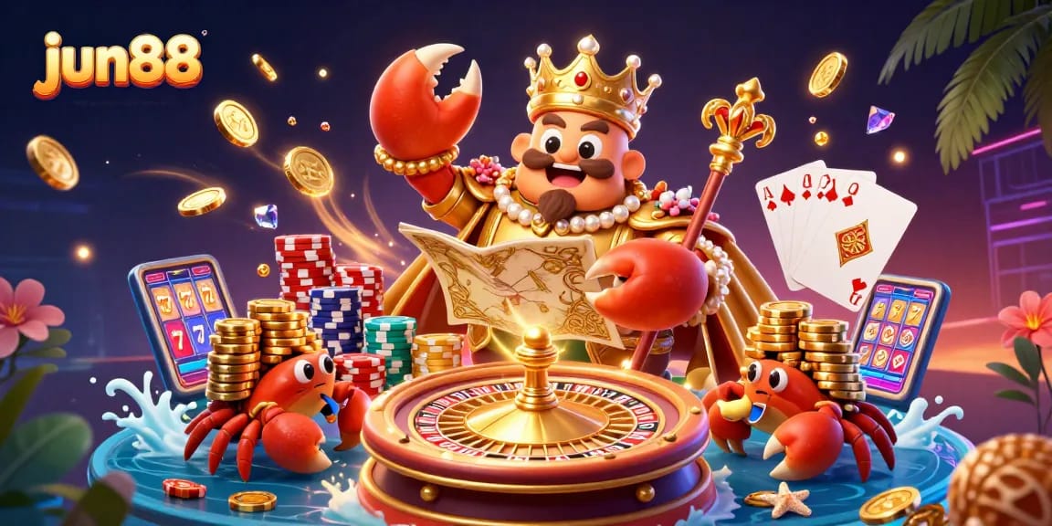 Experience the thrill of gaming with jun88, featuring golden crab emperor amidst vibrant casino elements.