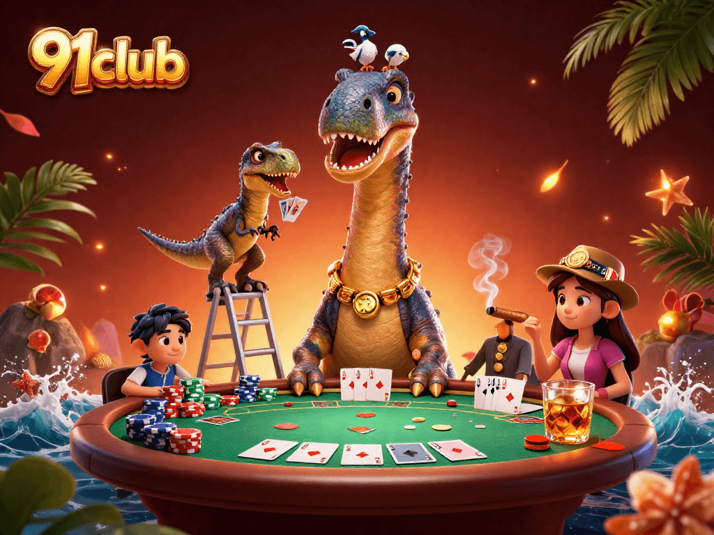 Engage with the vibrant 91club scene, where a towering dinosaur and raptor deal cards amidst dynamic gaming elements.