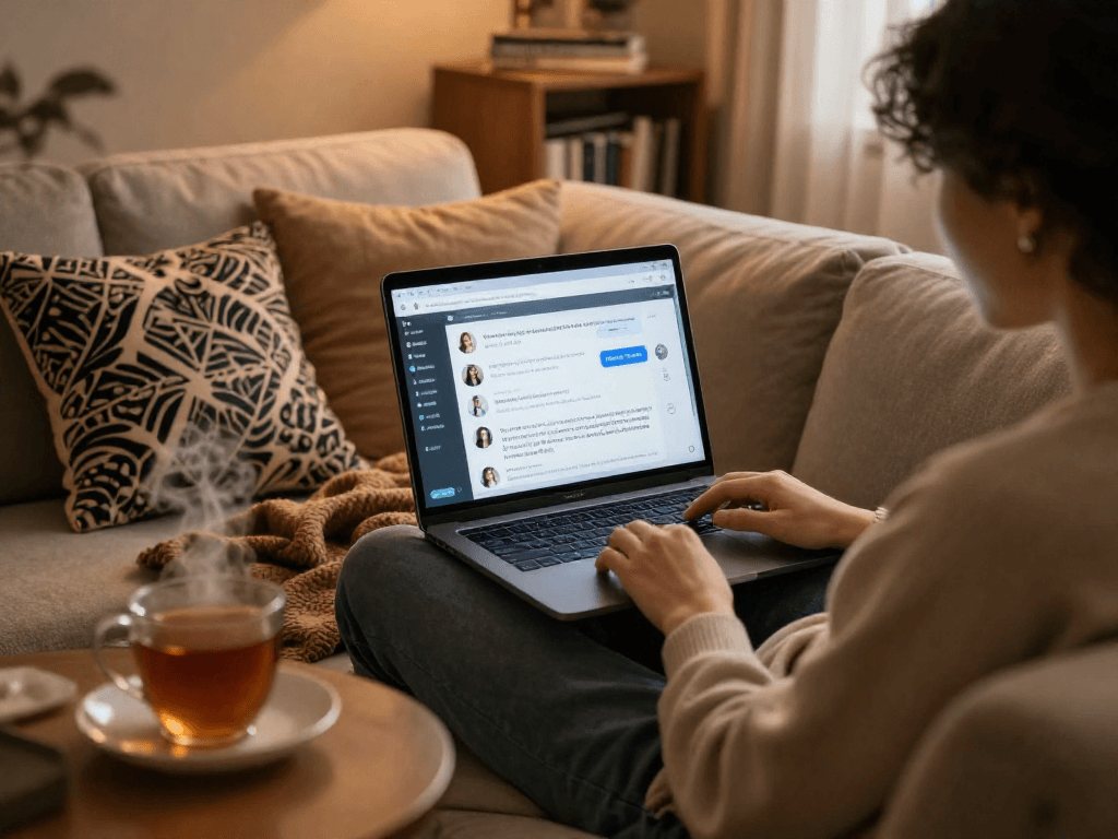 Engaging sex ai conversation on a laptop in a cozy home setting.