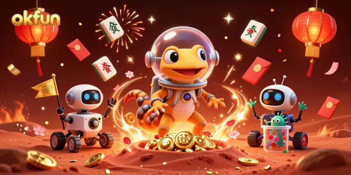 Engage with okfun at the cosmic casino adventure led by a Martian gecko and its robot sidekick.