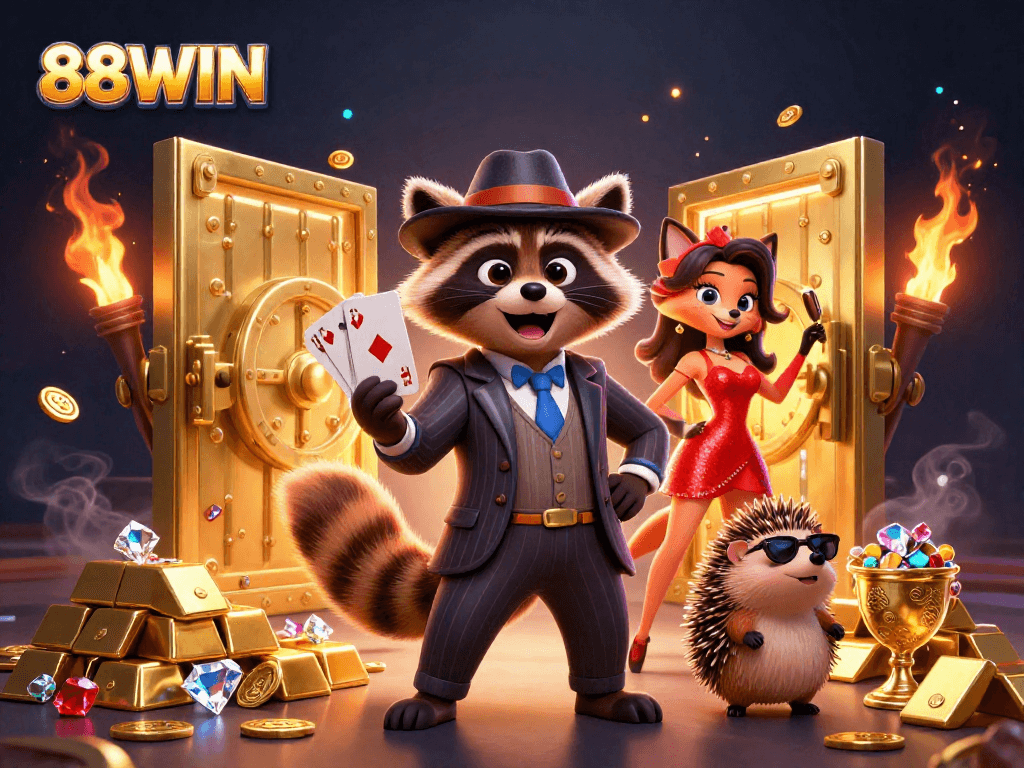 Bet on excitement with 88WIN as characters celebrate victories in a vibrant casino atmosphere.