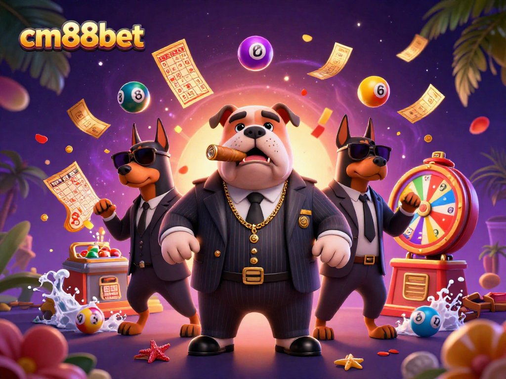 Engage in vibrant casino excitement with cm88bet and its animated characters surrounded by colorful lottery games.