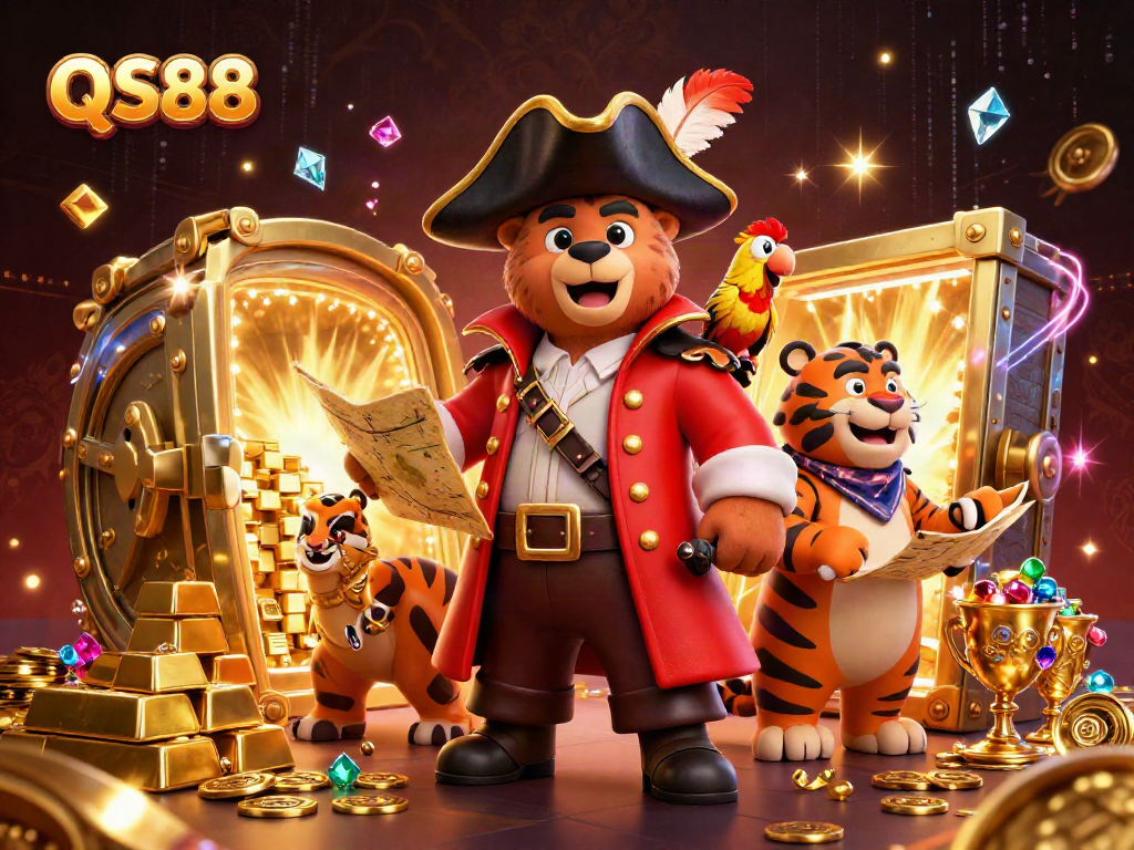 Join the adventure at QS88 casino with a treasure-hunting bear, tiger, and shimmering jewels all around.