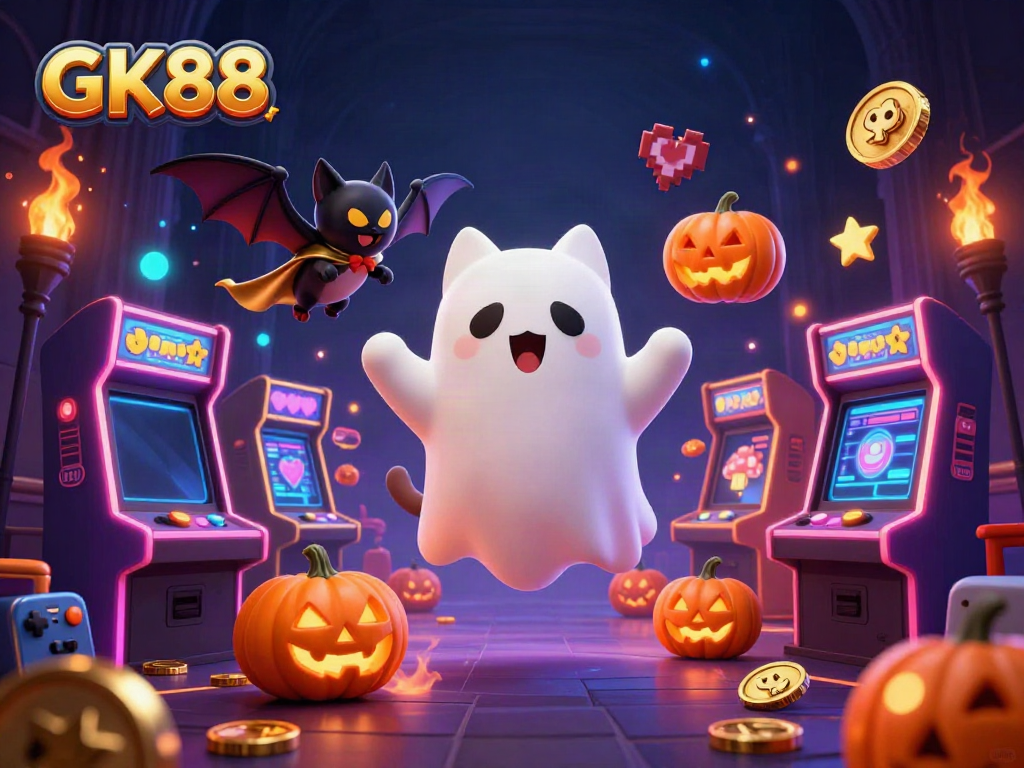 Experience thrilling jackpots with GK88 in a charming haunted casino scene featuring playful ghost cat characters.