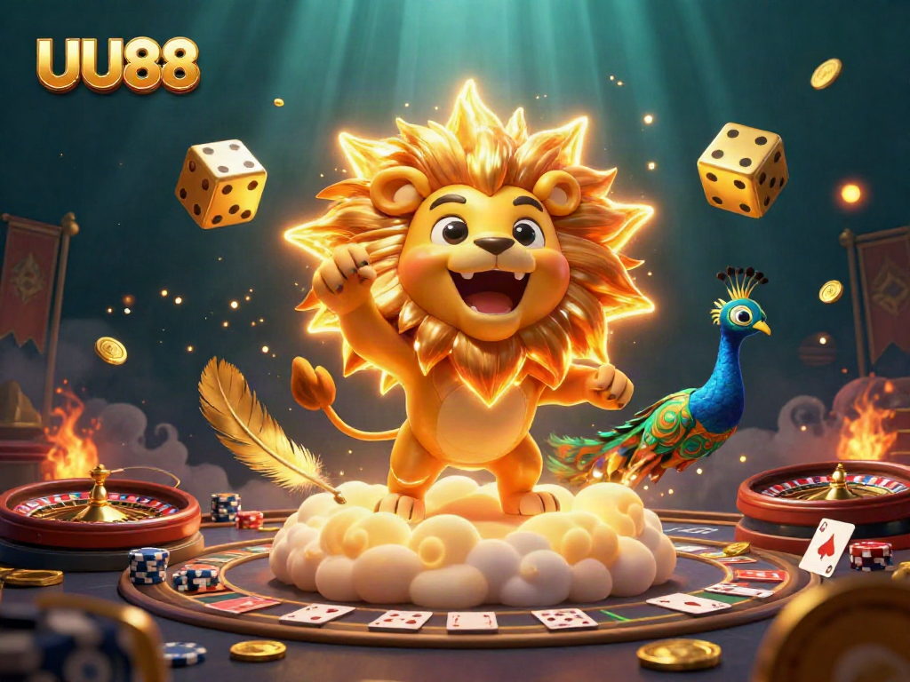 Experience the thrill of UU88 with a dynamic casino scene featuring a roaring sun lion, golden dice, and vibrant game elements.