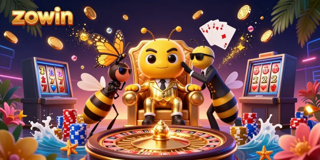 Experience the excitement of zowin casino with a dynamic scene of a bumblebee mob boss and sparkly casino elements.