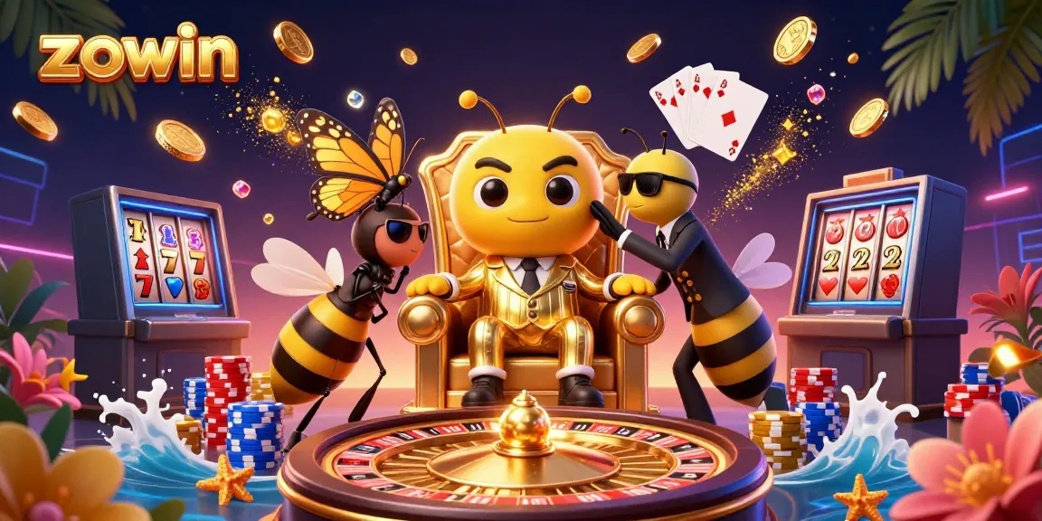 Experience the excitement of zowin casino with a dynamic scene of a bumblebee mob boss and sparkly casino elements.