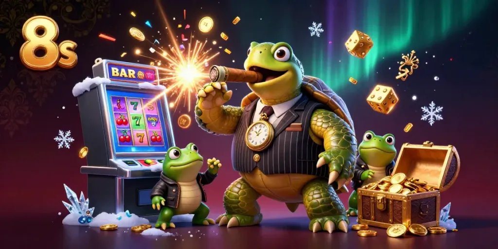 Engage in thrilling casino adventures with 8s featuring a snapping turtle mobster and vibrant slot machine.