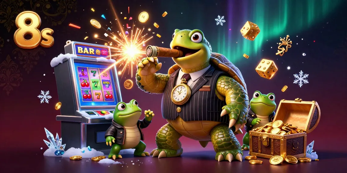 Engage in thrilling casino adventures with 8s featuring a snapping turtle mobster and vibrant slot machine.