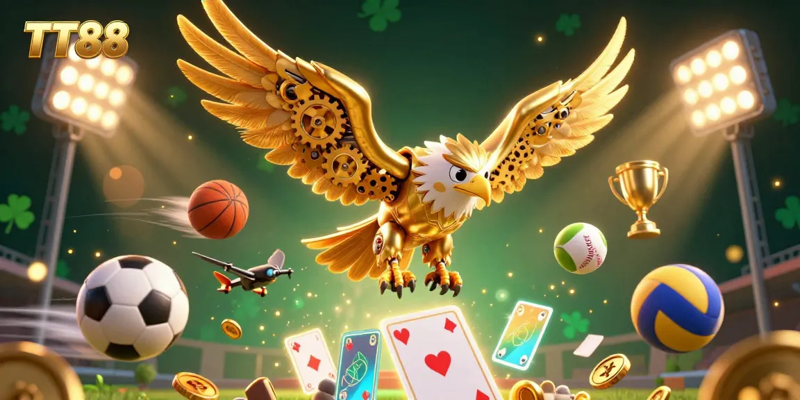 Experience the excitement of TT88 with a golden eagle navigating through vibrant gambling elements.