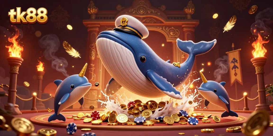 Experience the vibrant tk88 casino scene with whales, narwhals, and playful dolphins amidst gambling elements.