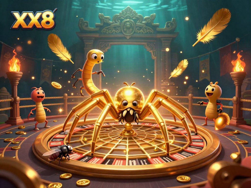 Experience thrilling bets with the XX8 casino spider spinning a roulette web in a rich 3D illustration.