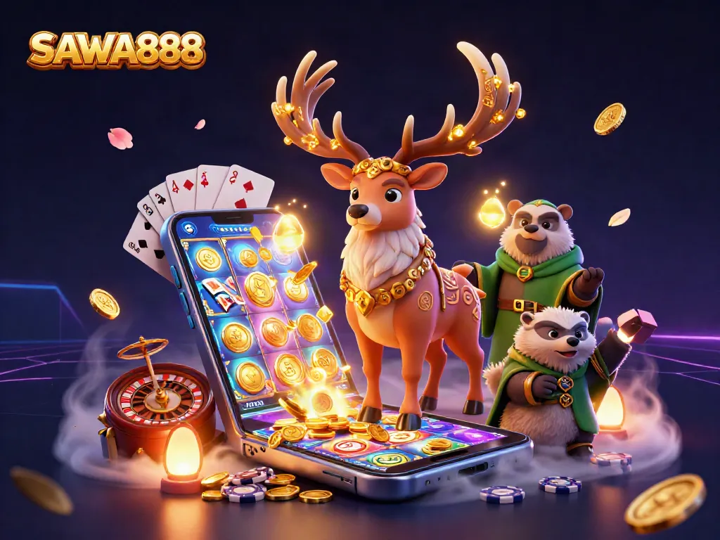 Play exciting games with SAWA888 through a mystical scene filled with vibrant slots and casino elements.