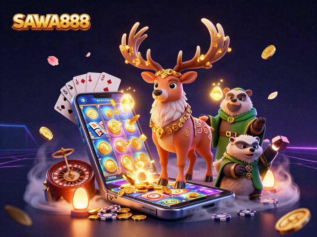 Play exciting games with SAWA888 through a mystical scene filled with vibrant slots and casino elements.