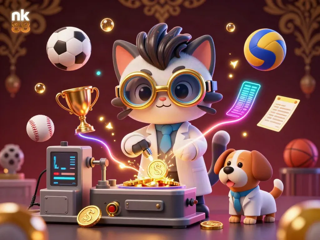 Engage in the dynamic world of nk 88 with a lively scene of cartoon characters and sports elements.