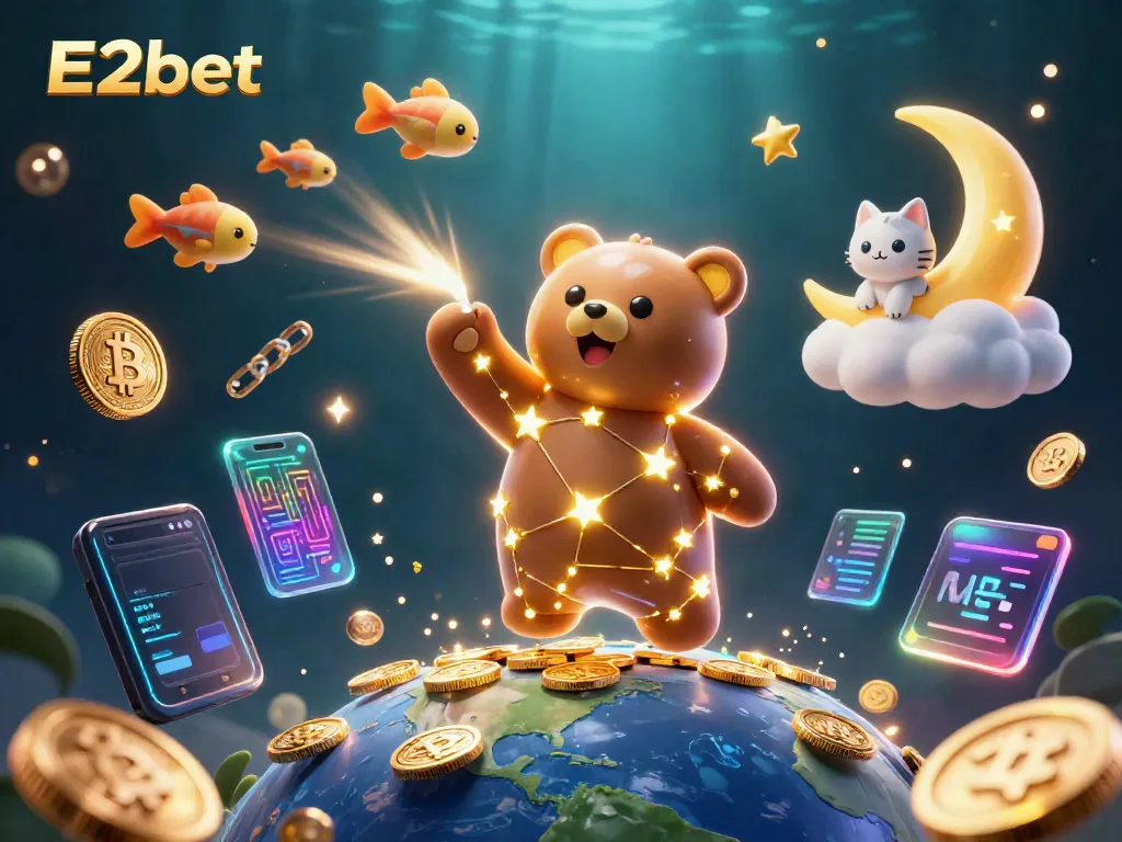 Engage with the universe of E2bet while scooping up coins under a celestial backdrop, showcasing vibrant gaming elements.