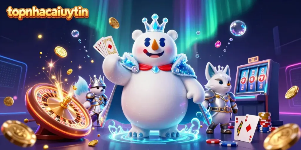 Experience the excitement of topnhacaiuytin with vibrant casino elements including a polar bear and snow fox in a 3D scene.