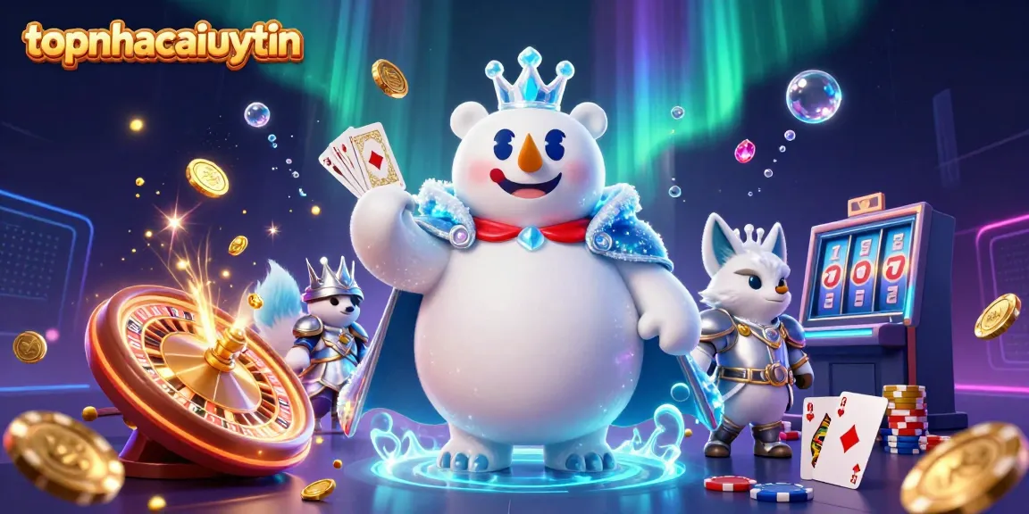 Experience the excitement of topnhacaiuytin with vibrant casino elements including a polar bear and snow fox in a 3D scene.