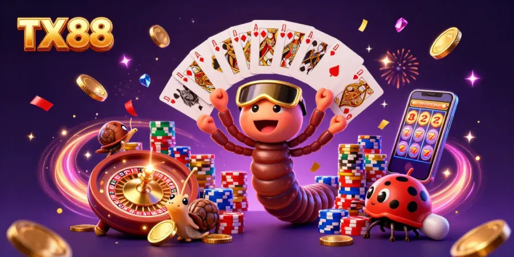 Experience TX 88 excitement with a dynamic casino scene of characters and gaming elements.