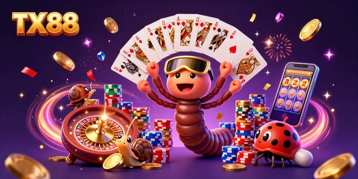 Experience TX 88 excitement with a dynamic casino scene of characters and gaming elements.