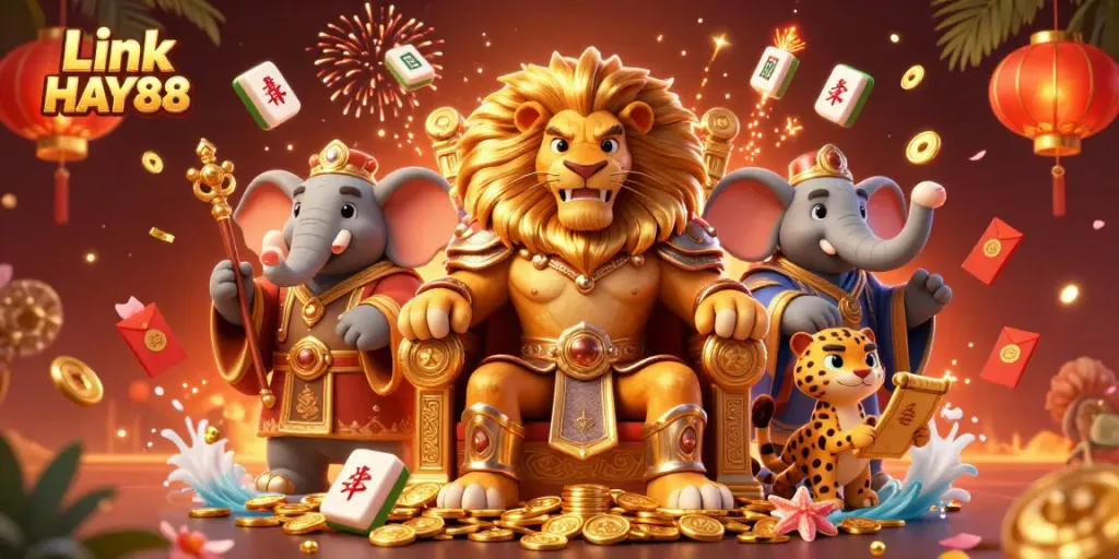 Experience excitement at Link HAY88 with a majestic lion king and dynamic casino elements.