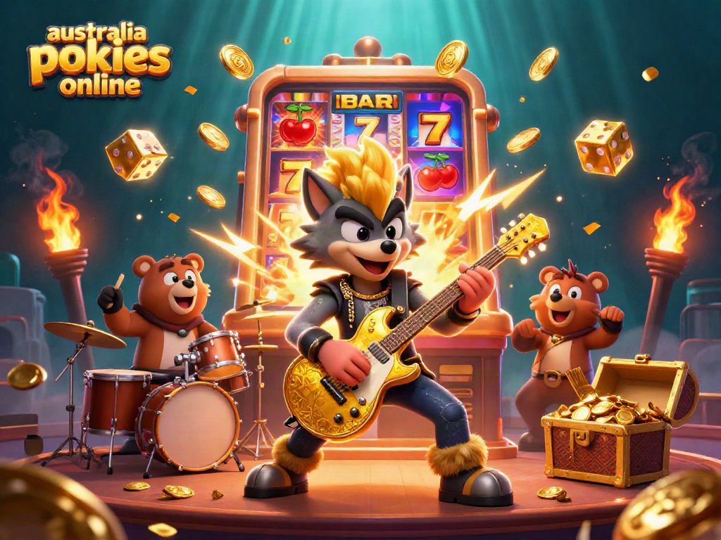 Experience the excitement of australia pokies online as a rock star wolf plays in a vibrant casino scene.