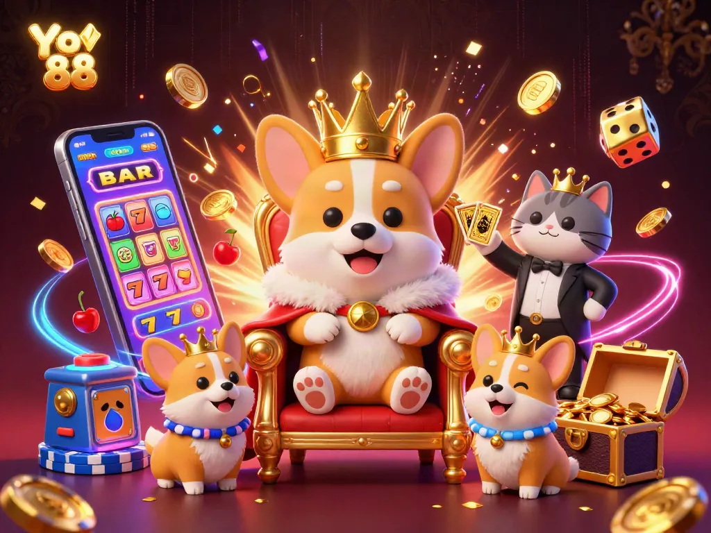 Experience the thrill of gaming with Yo 88, featuring a royal corgi and exciting casino elements in this vibrant illustration.