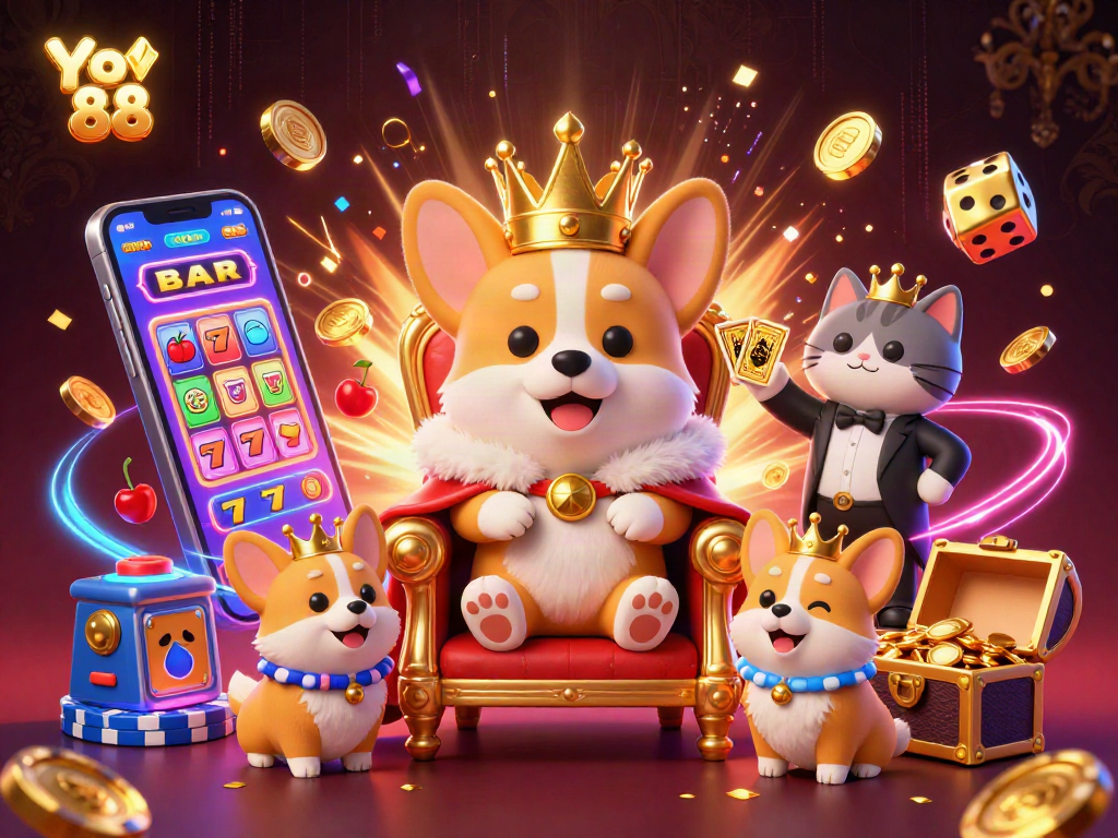 Experience the thrill of gaming with Yo 88, featuring a royal corgi and exciting casino elements in this vibrant illustration.