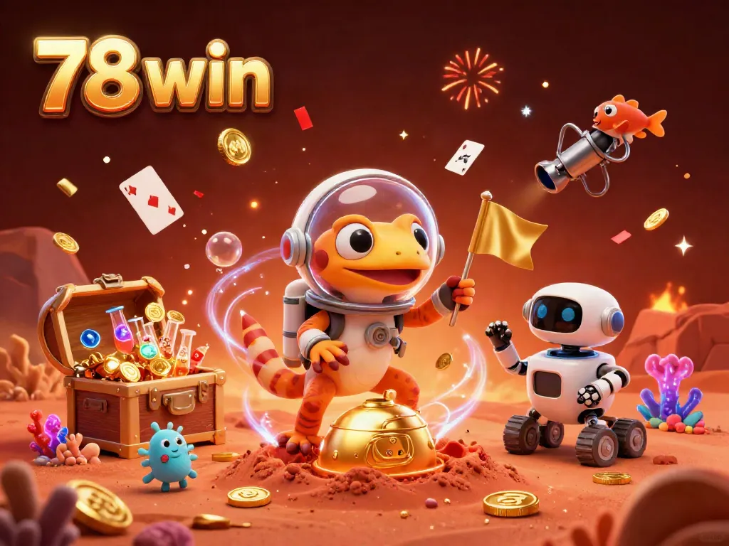 Experience the excitement of 78 win with a cosmic casino adventure featuring a Martian gecko and gold coins.