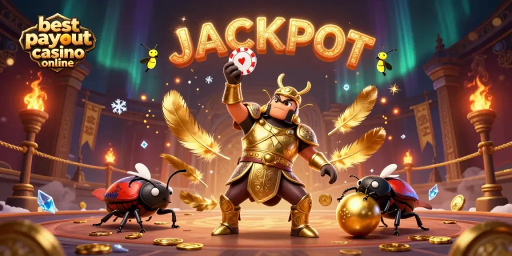 Experience the best payout casino online with a victorious beetle lifting a poker chip, celebrating a jackpot.